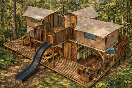 Boomtent Uilennest bij Vakantiepark Dierenbos met glijbaan en hottub
